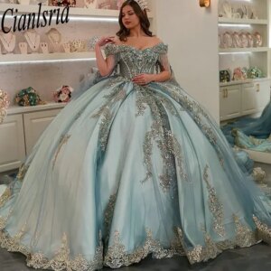 Light Blue Off The Shoulder Beading Tassel Quinceanera Dresses Ball Gown Appliques Lace Sweet 15 Años Mexican Customized