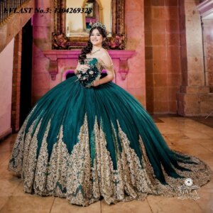 EVLAST Customized Mexican Green Quinceanera Dress Ball Gown Gold Lace Applique Beading Sweet 16 Dress Vestidos De 15 Anos E3Q544