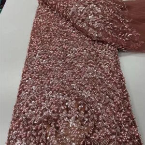 African Lace Fabric 2025 Handmade Beads Lace Fabric France Sequin Nigerian Embroidery Bridal Mesh Lace Fabric for Wedding Q387-1