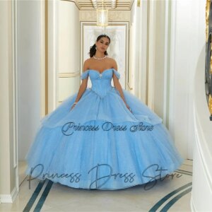 Shiny Mexican Sky Blue Ball Gown Quinceanera Dress Lace Applique Beaded Crystal Corset Sweet 16 Vestidos De 15 Anos