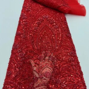Red 5 Yard Luxury High-end Beaded Fabric Heavy Sequin Embroidery Fabric Sequence Lace Fabric 2025 High Quality Party Dress W550-