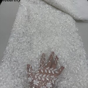 Mccarthy White African Heavy Beaded Lace Fabric, Nigerian Sequins Groom Fabric, Wedding Party Dress, High Quality, 5 Yards, 2025