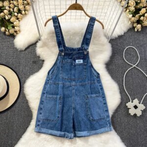 2025 Summer Korean New Women’s Strap Shorts Academy Retro Student Wide leg Rompers Loose Denim Jumpsuit Pants Mujer