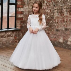 Custom Made Birthday Banquet First Communion Gowns Flower Girl Dresses White Tulle Lace Flory Appliques Long Sleeve For Wedding