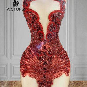 Gorgeous Red Crystals Rhinestones Prom Dress Black Girls Mermaid Baddie Dresses For Birthday Mesh Cocktail Dresses Customized
