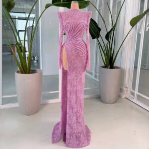 Elegant Pink Lace Mermaid Prom Dress High Neck Side Slit Evening Dress Beaded Sequin Applied Celebrity Dress Customized