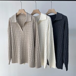 Autumn Women’s Pure Wool Knitted Pullover Turn-down Collar Long Sleeve Solid Color Loose Ladis Sweater