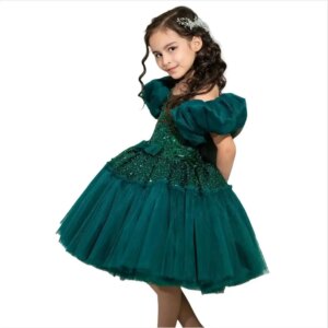 Flower Girls Dresses Puff Sleeves Tiered Skirt Vestido De Novia Knee Length Kids Sequins Birthday Party Dress