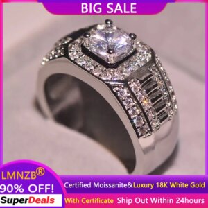 Genuine 18K White Gold Rings Round 1CT VVS1 Pass Test Diamonds D Color Moissanite Rings for Men Gift Luxury Wedding Jewelry