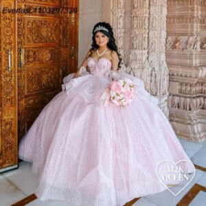 EVLAST Customized Pink Quinceanera Dress Ball Gown Lace Applique Beaded Tiered Bow Corset Sweet 16 Vestido De 15 Anos QD1077