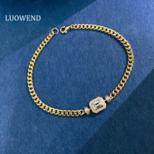 LUOWEND 100% 18K Yellow Gold Bracelet Cuban Chain Fashion INS Style Real Natural Diamond Bracelet for Women High Wedding Jewelry