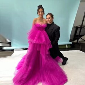 Couture Fuchsia Sweetheart Asymmetrical Ruched Tulle Women Dress To Party Folds Tulle Long Formdal Dresses