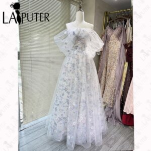 Laiputer Floral Lace A line Prom Dress Side Sleeves Cute Girl Evening Dress Tiny Lace Formal Dress for Woman