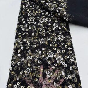 Luxury Black French Mesh Beaded Lace Fabric 2025 High Quality African Sequin Groom Lace Fabric For Nigerian Wedding Dress A997-1