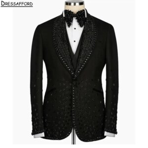 Black Men Business Formal Handmade Crystal Pearls Occasion Tuxedos Grooms Wedding Party Prom Male Suit 2 Piece Set Blazer Pants