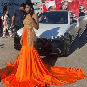 EVLAST Customized Shiny African Orange Mermaid Prom Dress Black Girls Sequins Diamond Crystal Beaded Party Gown Soirée E2P324