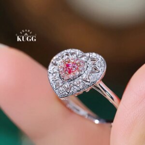 KUGG 100% 18K White Gold Rings Vintage Heart Shape Real Natural Pink Diamond Engagement Ring for Women High Wedding Jewelry