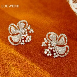 LUOWEND 18K White Gold Earrings Shiny Flower Design 0.94carat Real Natural Diamond Stud Earrings for Women Wedding High Jewelry