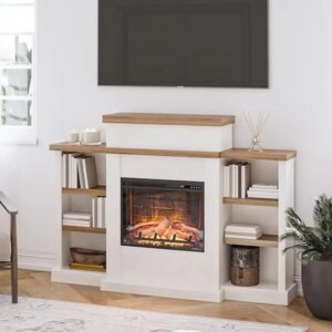 64″ Electric Fireplace Mantel Bookcase Heater Remote Realistic Flame Timer Storage Display Customizable shelves 400 sq ft Remote