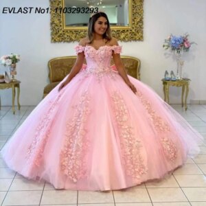 EVLAST Customized Sparkly Pink Quinceanera Dress Ball Gown Lace Applique Beading Bow Corset Sweet 16 Vestido De 15 Anos E1Q294