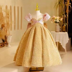 Jill Wish Sparkly Arabic Gold Girl Dress with Bow Dubai Kids Princess Birthday Wedding Party First Communion Ball Gown 2025 J219