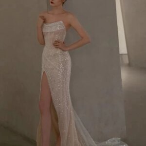 Silver Evening Dresses Mermaid Shiny Sequined Side Slit Strapless Chapel Train Pleat Glitter Dance For Woman Party Prom Gowns