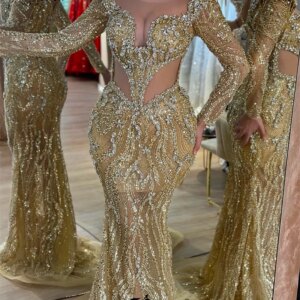Luxury Dubai Long Sleeve Mermaid Evening Dress Gold Crystal Sequin Cut-out Waist Formal Occasion Dresses Robe de soiree Femme
