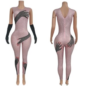 Sparkly Full Rhinestone Luxury Jumpsuit with Gloves Celebrate Party Sexy Oufit Nightclub Stage Performance Dance Wear Heishou