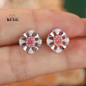 KUGG 100% 18K White Gold Earrings Vintage Palace Style Real Natural Pink Diamond Stud Earrings for Women High Party Jewelry