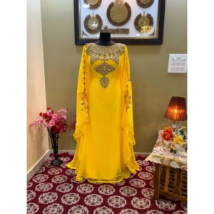Yellow Kaftan Crystal Work African Attire Bridesmaid Party Wear Dress