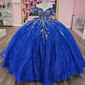 Royal Blue Shiny Quinceanera Dresses Ball Gown Off The Shoulder Beading Crystal Bow Tull Party Birthday Sweet 16 Dress Vestidos