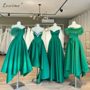 Stylish Green Feather Evening Dresses Satin Off Shoulder Unique Cuts Prom Dress