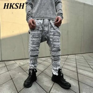 HKSH Spring Autumn New Men Punk Tide Waste Land Style Fade Vintage Tie Dye Washed Slim Fit Crotch Cargo Pants Fashion Ins HK4340