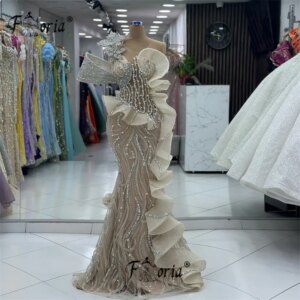 Luxury Champagne Mermaid Formal Party Dress with Silver Crystal Pearl Arabic Woman Appliques Leaves 3D Wedding Evening Gowns