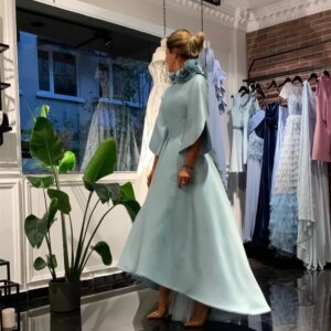 Customized Fashion High Low Mother of The Bride Dresses A LineThree-Quarter-Sleeve Prom Gown Ruched Asymmetrical Wedding Guest P
