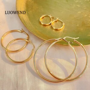 LUOWEND 100% 18K Yellow Gold Earrings 1cm/2cm/3cm/4cm/4.5cm Fashion INS Style Hoop Earrings for Women High Party Jewelry