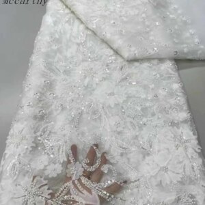 Latest 3D Flower Embroidery Beads Sequins African Lace Fabric 5 yards High Quality Nigerian Women Wedding French Material 2025