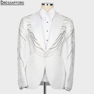 White Jacquard Formal Wedding Suits Glitter Crystal Men’s Business Suit 2 Pieces (Jacket Pants) Man Tuxedo Groom Wear
