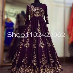 Customized Ethnic Grape Purple Muslim Prom Birthday Dress with Long Sleeve Gold Lace Arabic Lehenga Choli Evening Occasion Gown