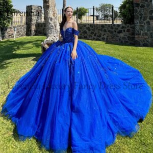 Blue Mexican Quinceanera Dress Sweet 15 16 Ball Gown 3D Flower Off The Shoulder Applique Open Back Formal Vestidos De 15 Años