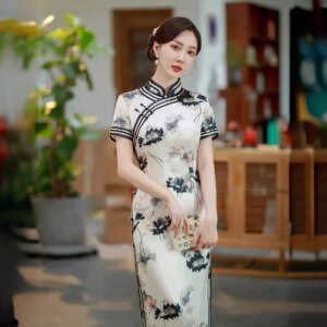 High Quality 2024 New Summer Improved Real Silk Cheongsam Qipao Women’s Water Ad Ink Belly Covering Style Long Dress