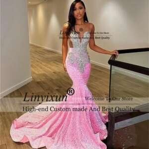 Pink Sequin Prom Dresses For Black Girls Silver Beaded Mermaid Formal Evening Party Gowns V Neck Court Train Robes De Soirée