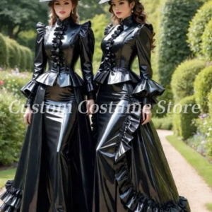 Customized Black shiny Gothic Victorian Prom Dresses High Neck Long Sleeve Corset Strappy Back Long Evening Gowns