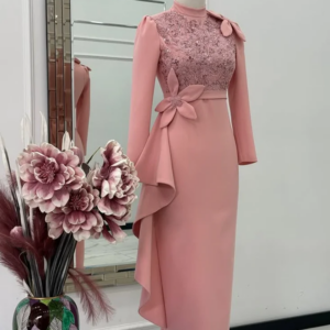 Pearl Pink Tea-length Mother of the Bride Dresses Long Sleeve Applique Customized Jersey Bespoke Wedding Party Gown