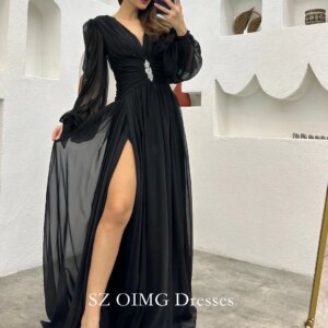 OIMG Arabic Deep V-Neck Chiffon Evening Dress Fashion Puff Sleeves Customized Modest Vintage Wedding Party Gowns For Women 2024