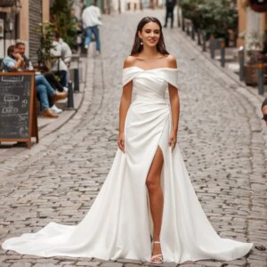 Elegant Mermaid Off Shoulder Slit Long Beach Bride Gowns robe de mariée bohème