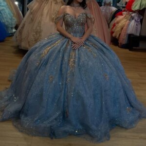 Blue Shiny Off Shoulder Quinceanera Dresses Sequin Applique Lace Beads Tull Corset Party Birthday Sweet 16 Dress Vestidos 15 de