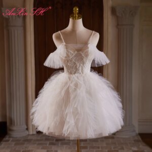 AnXin SH Luxury princess white flower lace spaghetti strap crystal ruffles short customized evening dress little white dress