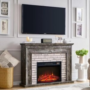 Electric Fireplace with Mantel Remote Control 45-inch TV Stand Heater Flip-Top Design Logs Burn Realistic Feel 22 Flame Levels