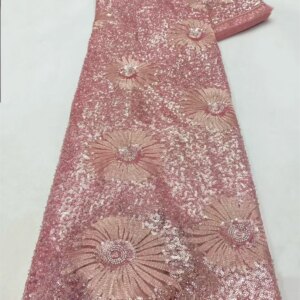 Peach High Quality African Handmade Beaded Lace Fabric Nigerian Groom Embroidery Sequins Lace Fabric Women Wedding Dress A639-1